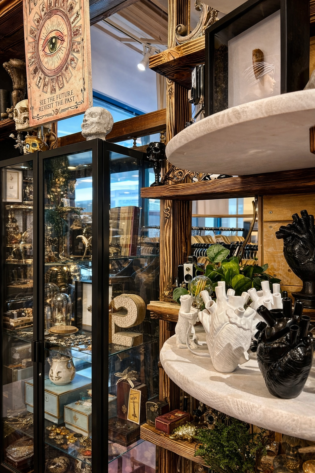 Display of decorative items including skull sculptures, vases shaped like hearts and animals, potted plants, framed art, and glass display cabinet filled with jewelry and other artifacts in a boutique store.