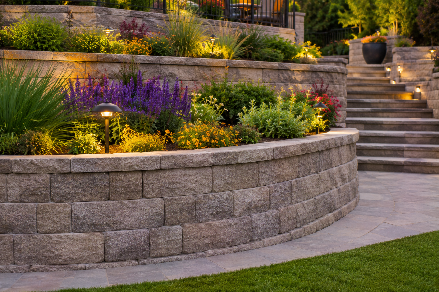 A landscaped backyard with tiered stone retaining walls, outdoor step lighting, and colorful flowering plants, including purple, yellow, and pink blooms, illuminated in the evening.