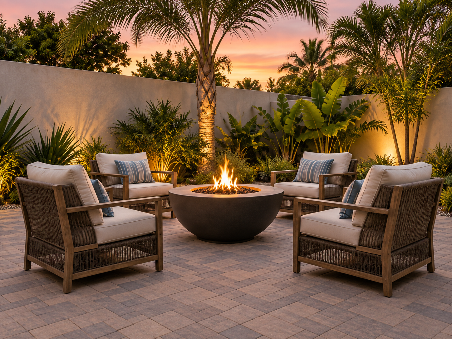 An outdoor patio with four wicker armchairs with beige cushions and blue-striped pillows, arranged around a round fire pit, surrounded by tropical plants and palm trees at sunset.