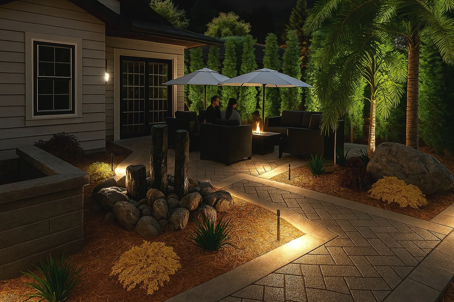 3D Design, Nighttime backyard patio with two people sitting under a patio umbrella near a fire pit, surrounded by trees, plants, rocks, and landscape lighting.