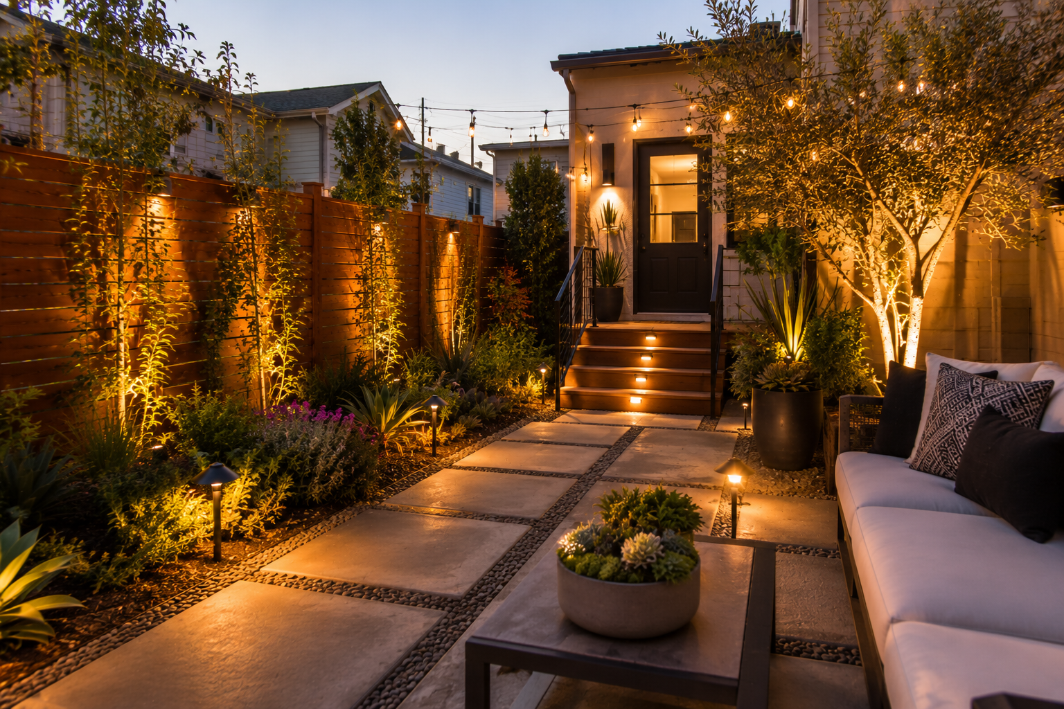 Backyard patio at dusk with illuminated plants, wooden fence, potted trees, stone pathway, outdoor sofa with pillows, and string lights overhead.