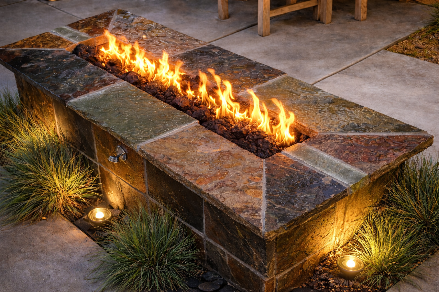 Outdoor fire pit with orange flames, surrounded by small plants and illuminated by ground lights. Fire pit contractors. Hardscape contractors that can build a fire pit