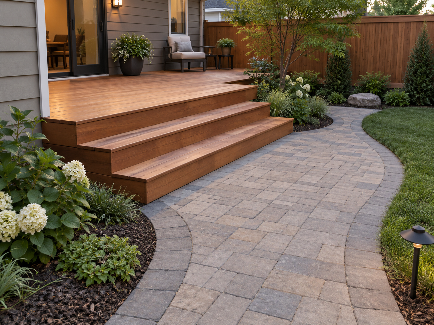 A backyard deck with wooden stairs leading down to a paver stone patio, surrounded by landscaped garden beds with various plants and flowers, a small tree, and a wooden fence.