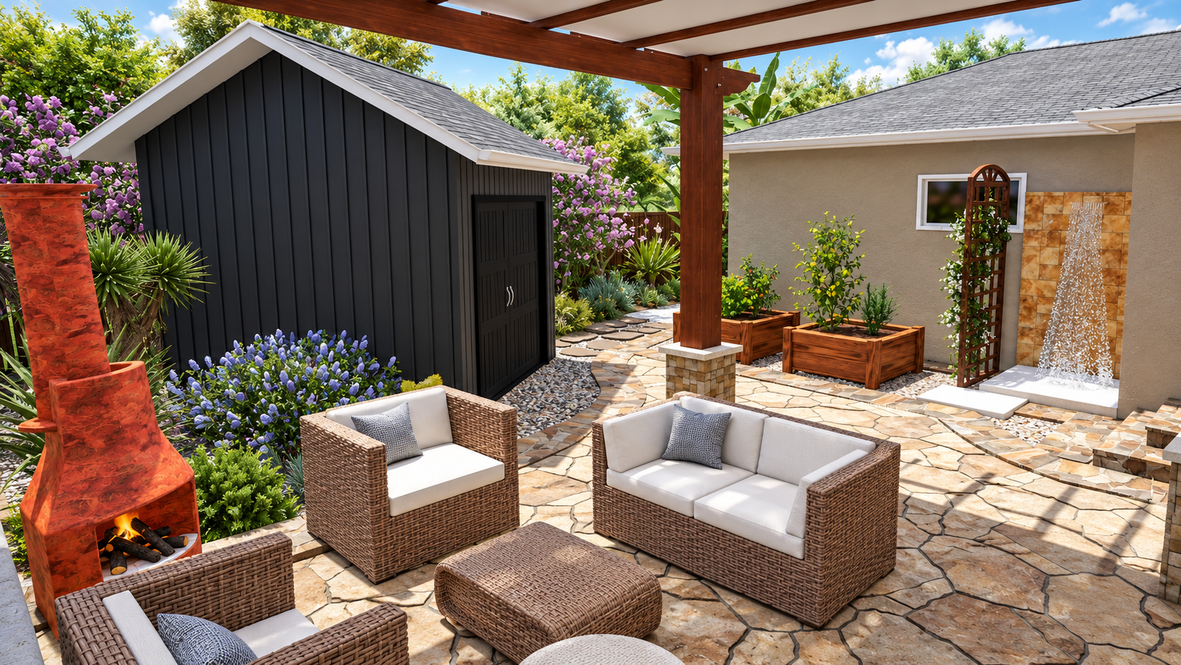 3D landscape design rendering for a San Diego home: outdoor patio with wicker seating, a fire pit, a shed, potted plants, a water feature, and a covered pergola with string lights.