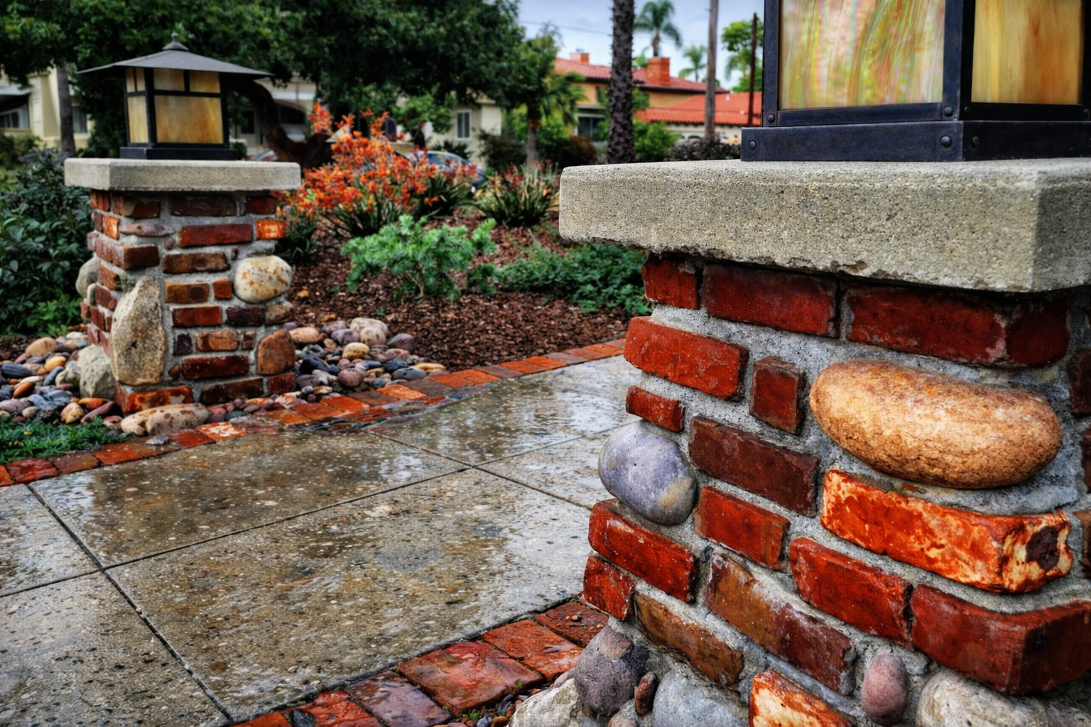A close-up of brick and stone pillars supporting a fence, with a wet concrete sidewalk and a landscaped garden with colorful flowers and mulch in the background.
