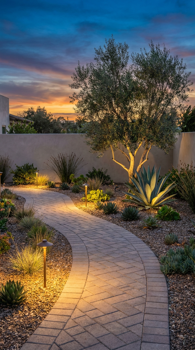 Dry tolerant, landscape paver walkway. Swan Hill Olive tree with up low-voltage lighting