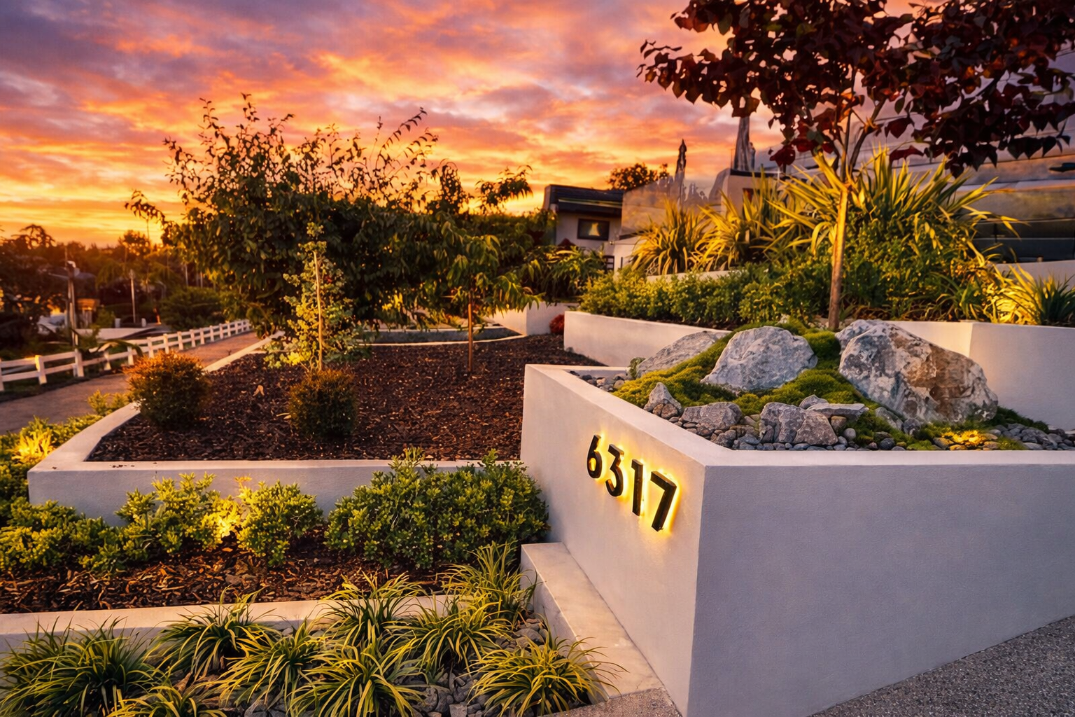 A modern house exterior in La Jolla CA, with the illuminated landscape on a white wall, surrounded by rocks, bushes, and trees, during a vibrant sunset sky.