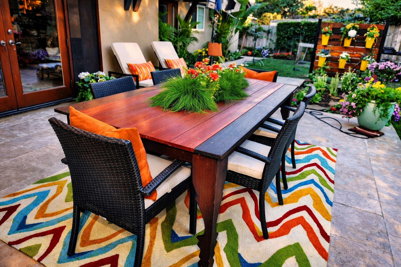 Outdoor patio with a wooden dining table, six wicker chairs with white cushions and orange pillows, a colorful zigzag patterned rug, a large potted flower arrangement on the table, and a garden with flowering plants and a decorative wooden wall with 