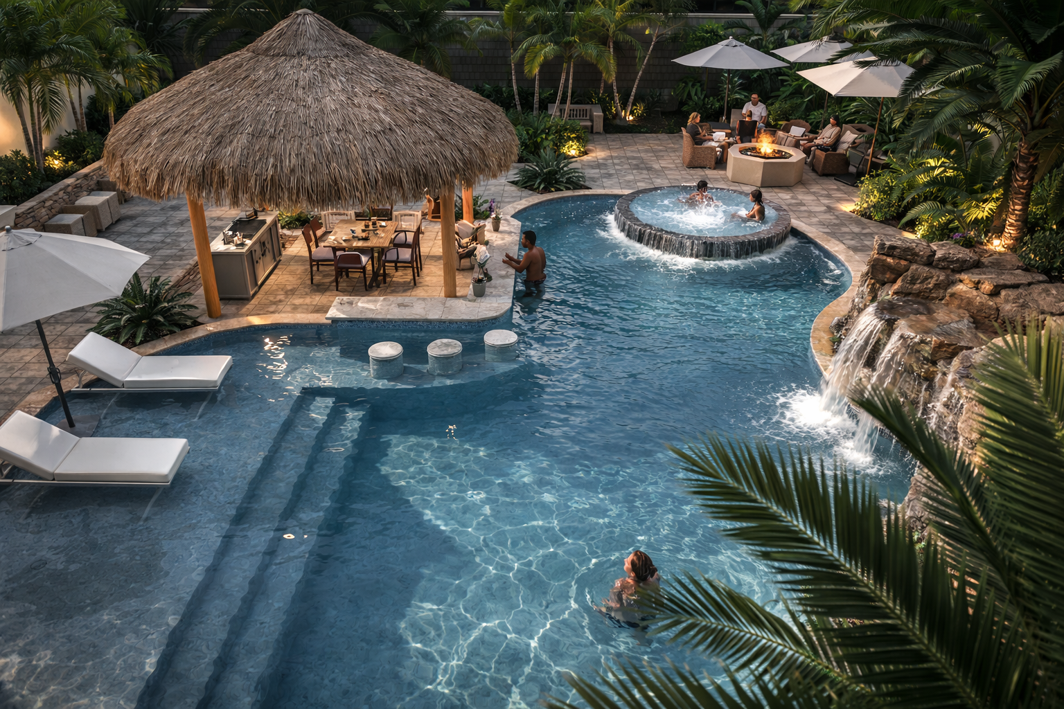People relaxing and swimming in a backyard pool area at dusk, with lounge chairs, umbrellas, a tiki hut, and surrounding lush greenery.  Somebody does landscape design near me in San Diego. Pool Contractor. They can design and build.