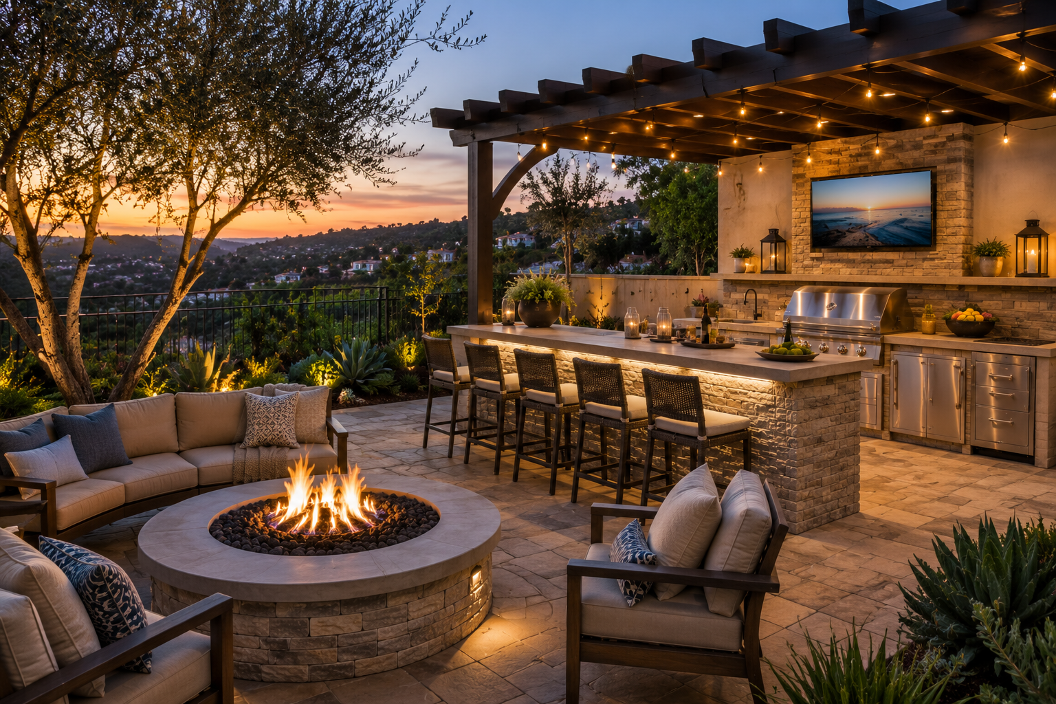 Outdoor living space with a fire pit, seating, bar with stools, kitchen area, and a view of a sunset over a hilly landscape.