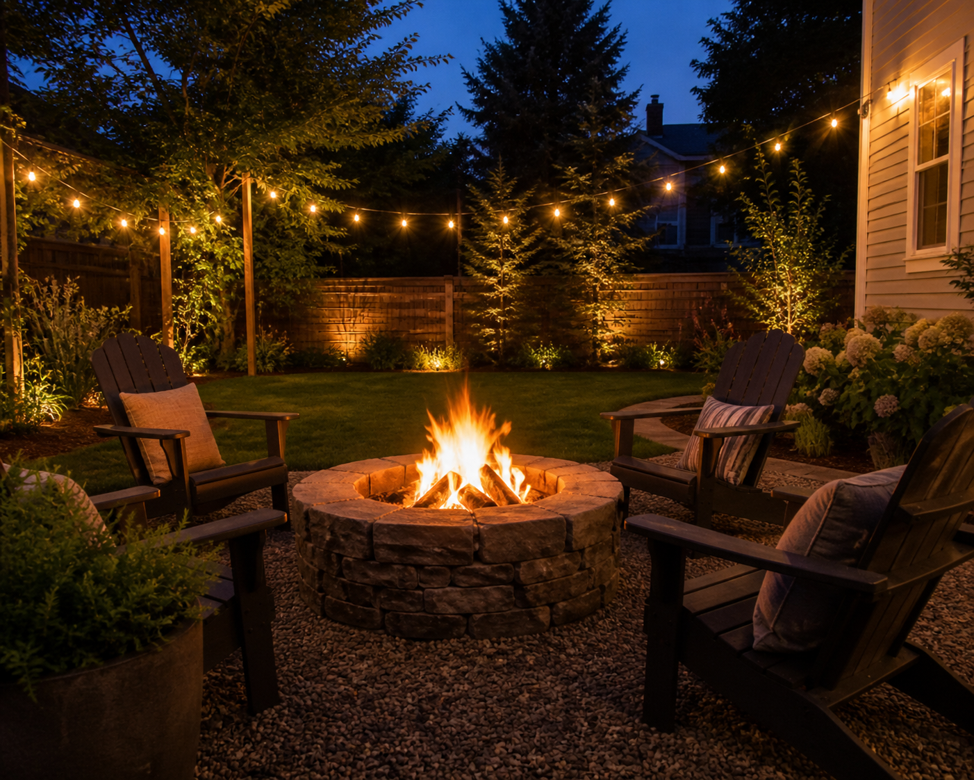 Backyard patio at night with a firepit surrounded by four wooden chairs with cushions, string lights overhead, trees and shrubs in the background, and a house to the right.