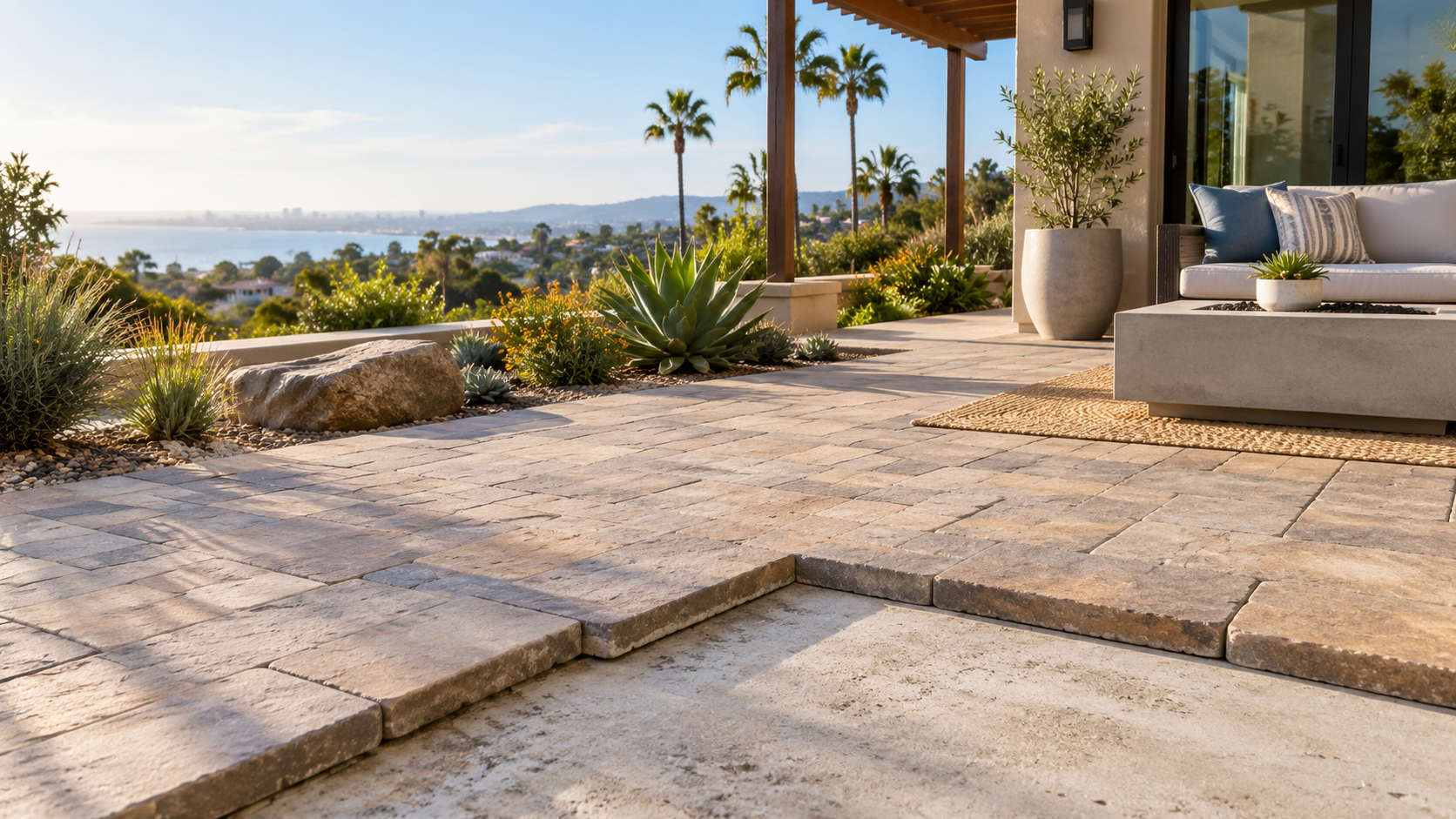 A patio area with stone tiles, potted plants, succulents, and outdoor furniture, overlooking a scenic view of palm trees, water, and a distant city skyline.