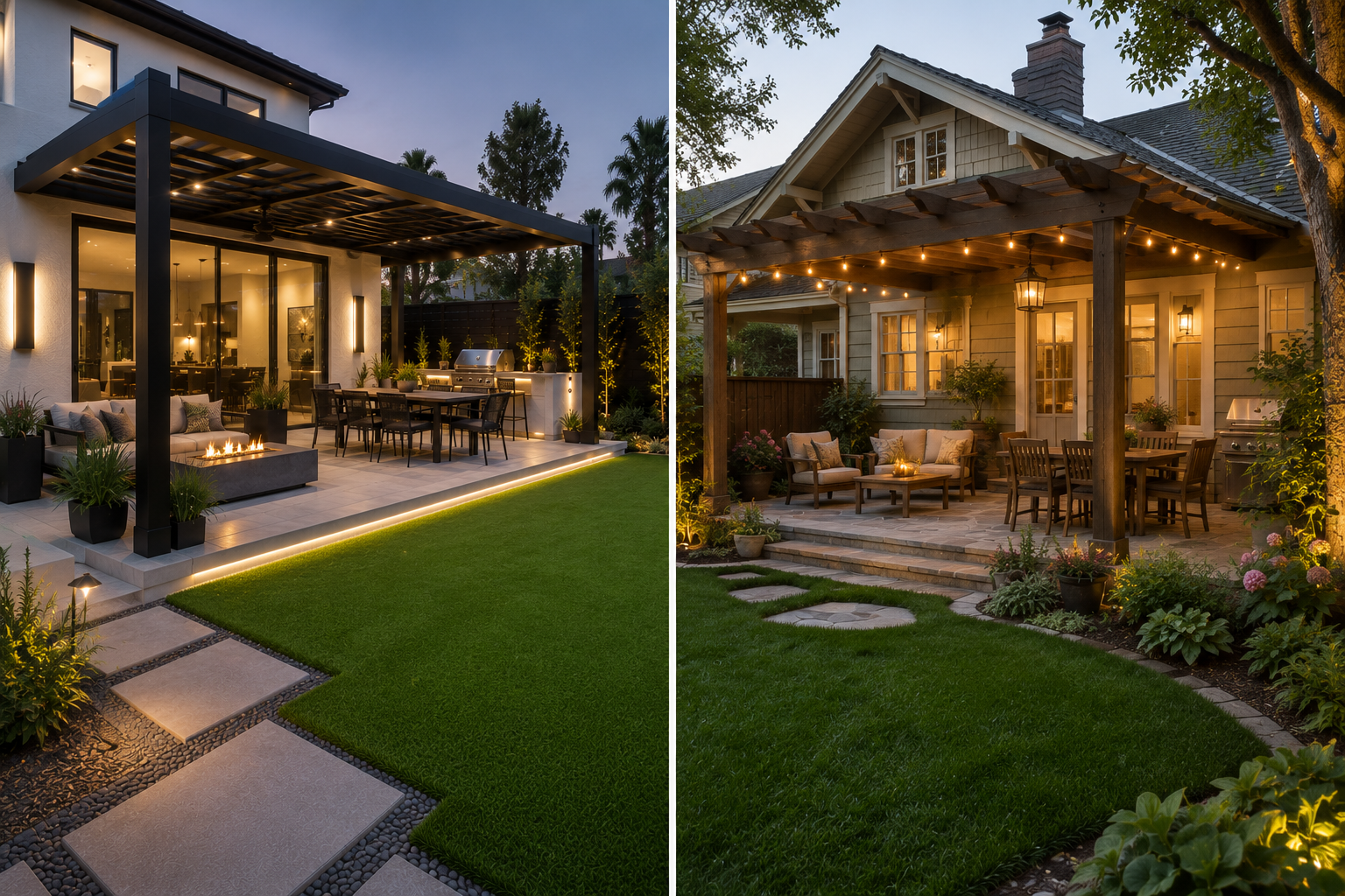 Split view of two backyard patios at dusk, left side modern with fire pit, dining area, and landscaped garden, right side cozy with wooden pergola, seating area, garden, and string lights.