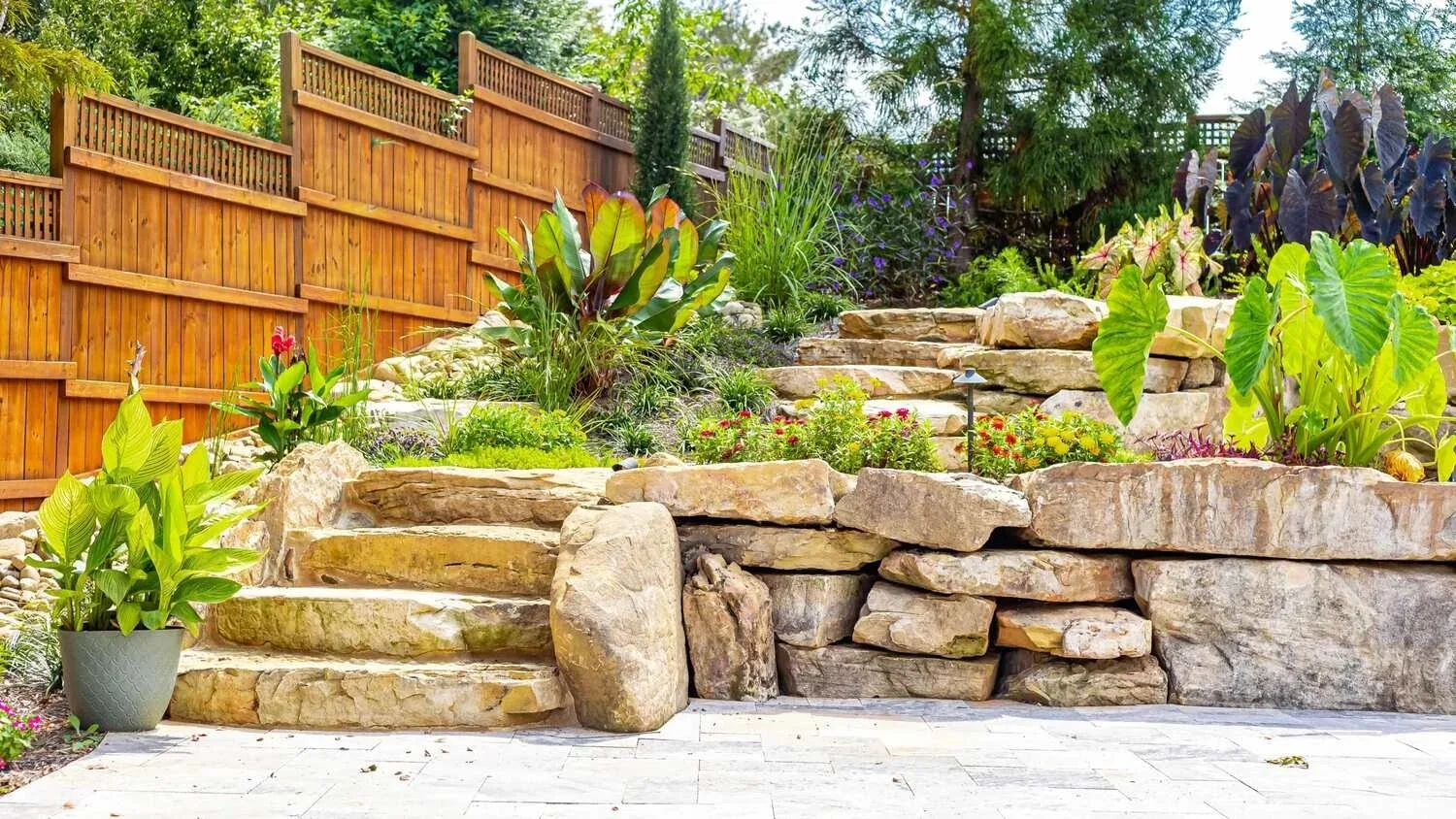 A landscaped backyard garden with stone steps leading up to a wooden fence, surrounded by various lush green plants and flowers.