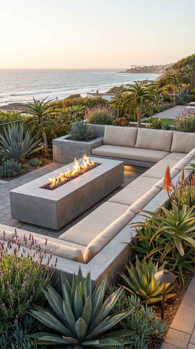 Fire feature, custom built, concreat planters and benches