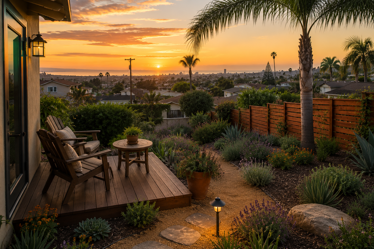 View of a backyard deck at sunset, with wooden chairs and a small table, surrounded by desert plants, with a sunset over a suburban neighborhood.