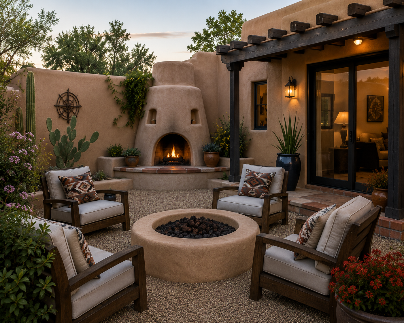 California backyard landscape featuring a stucco fireplace, outdoor seating, fire feature, and surrounding plants creating a low-maintenance outdoor living space.