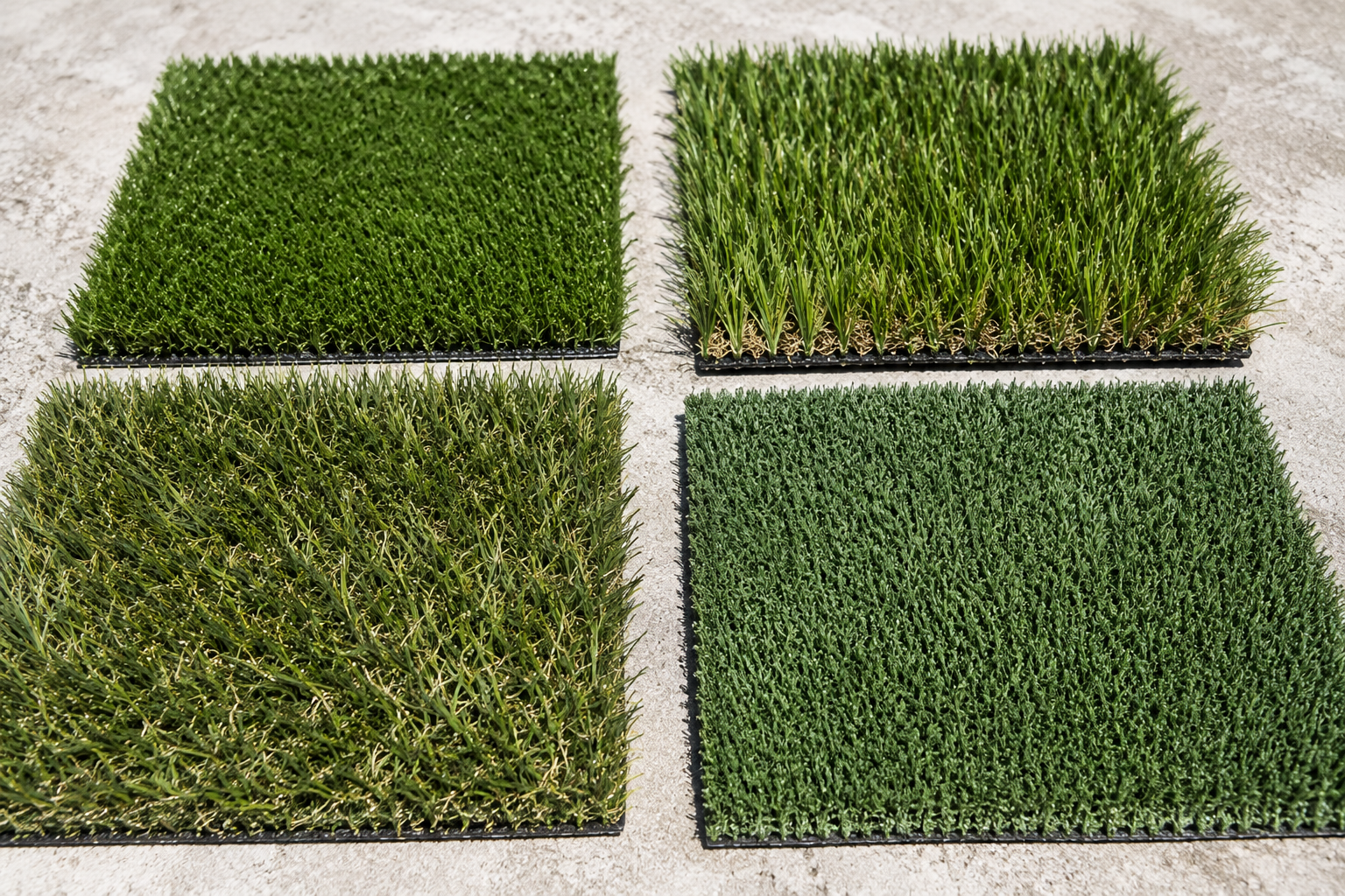 Artificial turf samples displayed on a concrete surface showing different grass textures and color options for landscape installation.