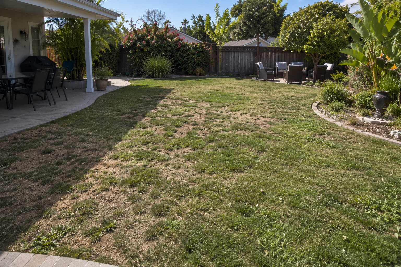 Backyard landscape featuring a not-so-green lawn, patio furniture, planted borders, and trees along the fence line.