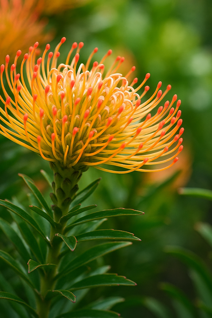 Close-up of an orange and yellow flower with thin, curved petals and red-tipped stamens, with green foliage in the background.