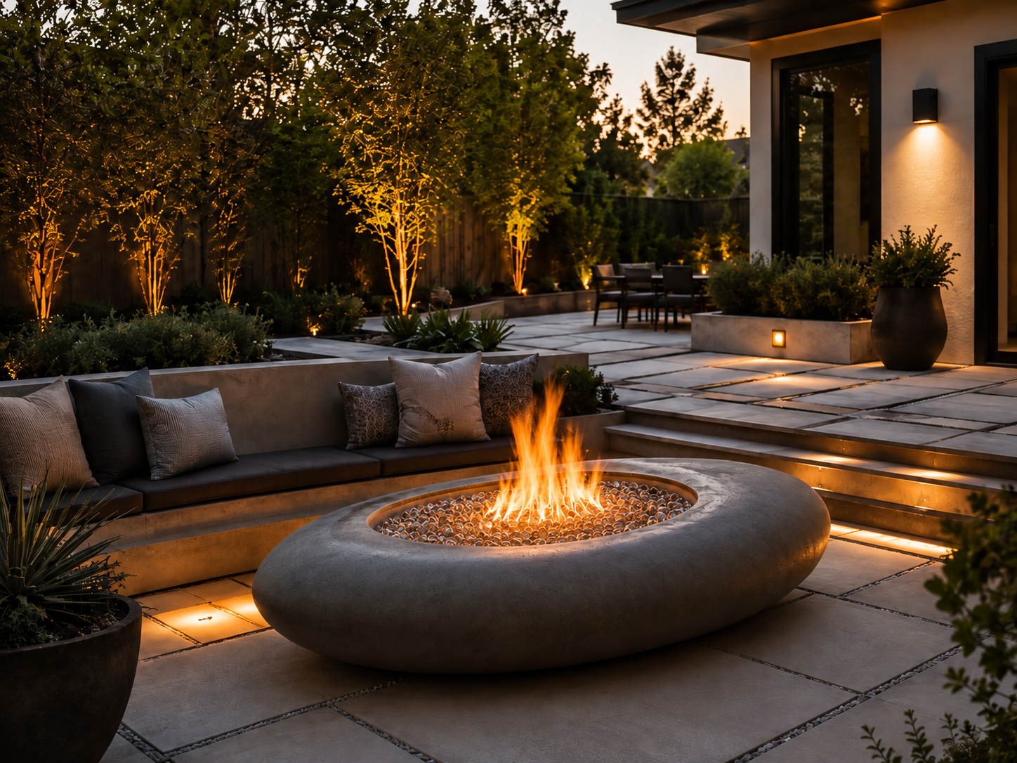 Modern backyard patio at dusk with a circular fire pit, outdoor seating with cushions, illuminated trees, potted plants, and a dining area in the background.