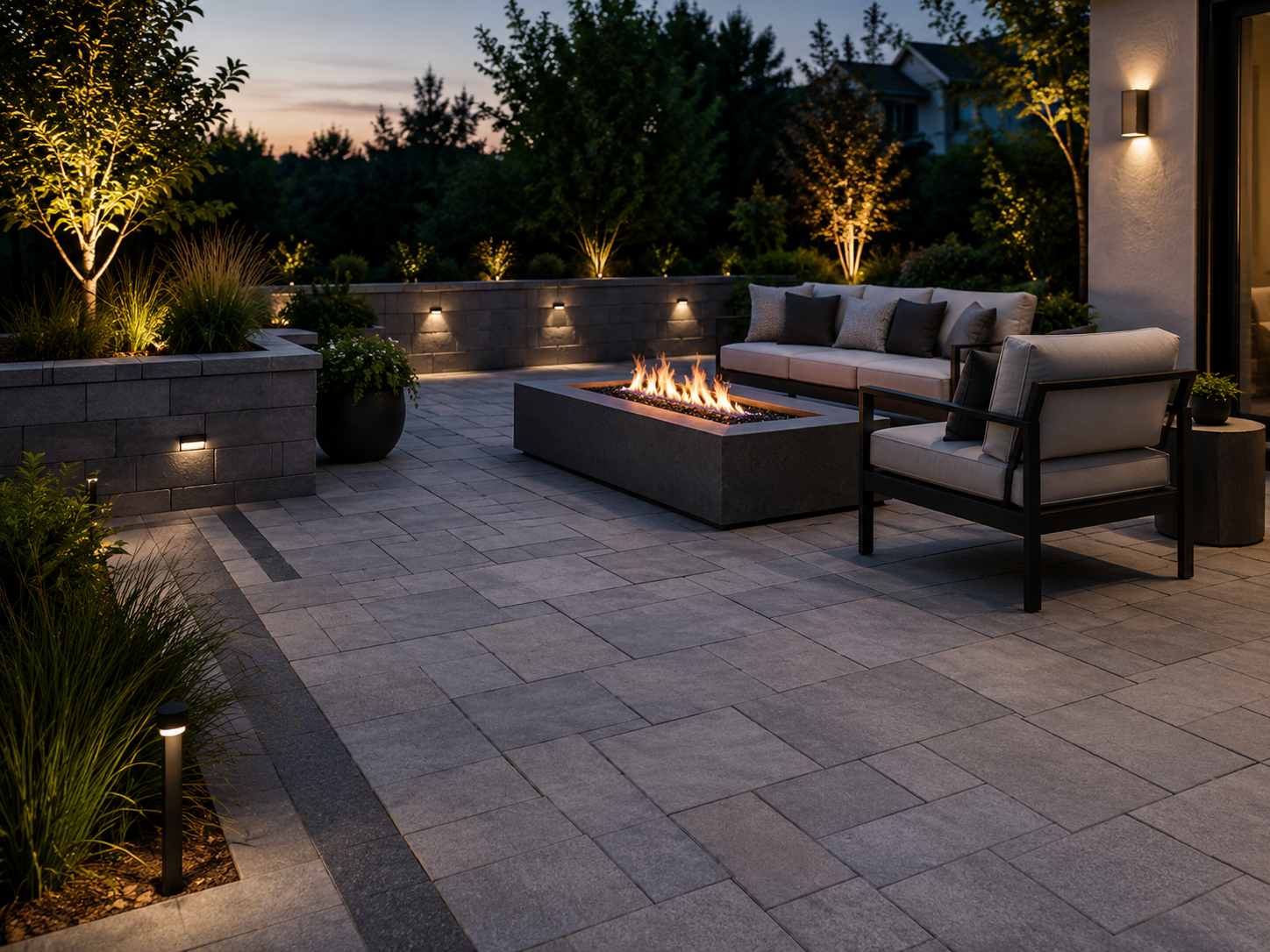 Outdoor paver patio with modern furniture, a fire pit, potted plants, and landscape lighting at dusk.