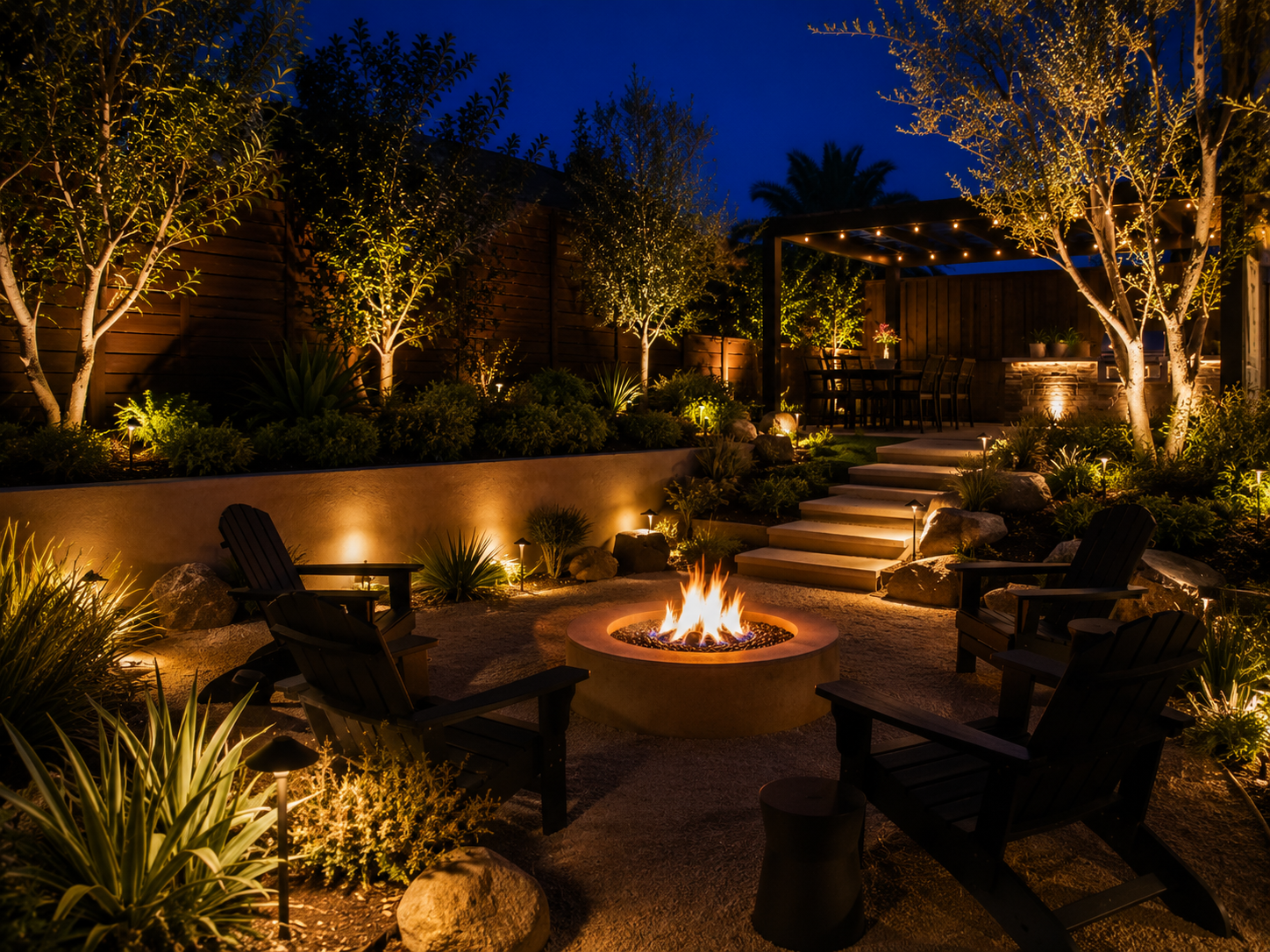 Nighttime backyard with a fire pit, outdoor chairs, stairs, trees, plants, and string lights.