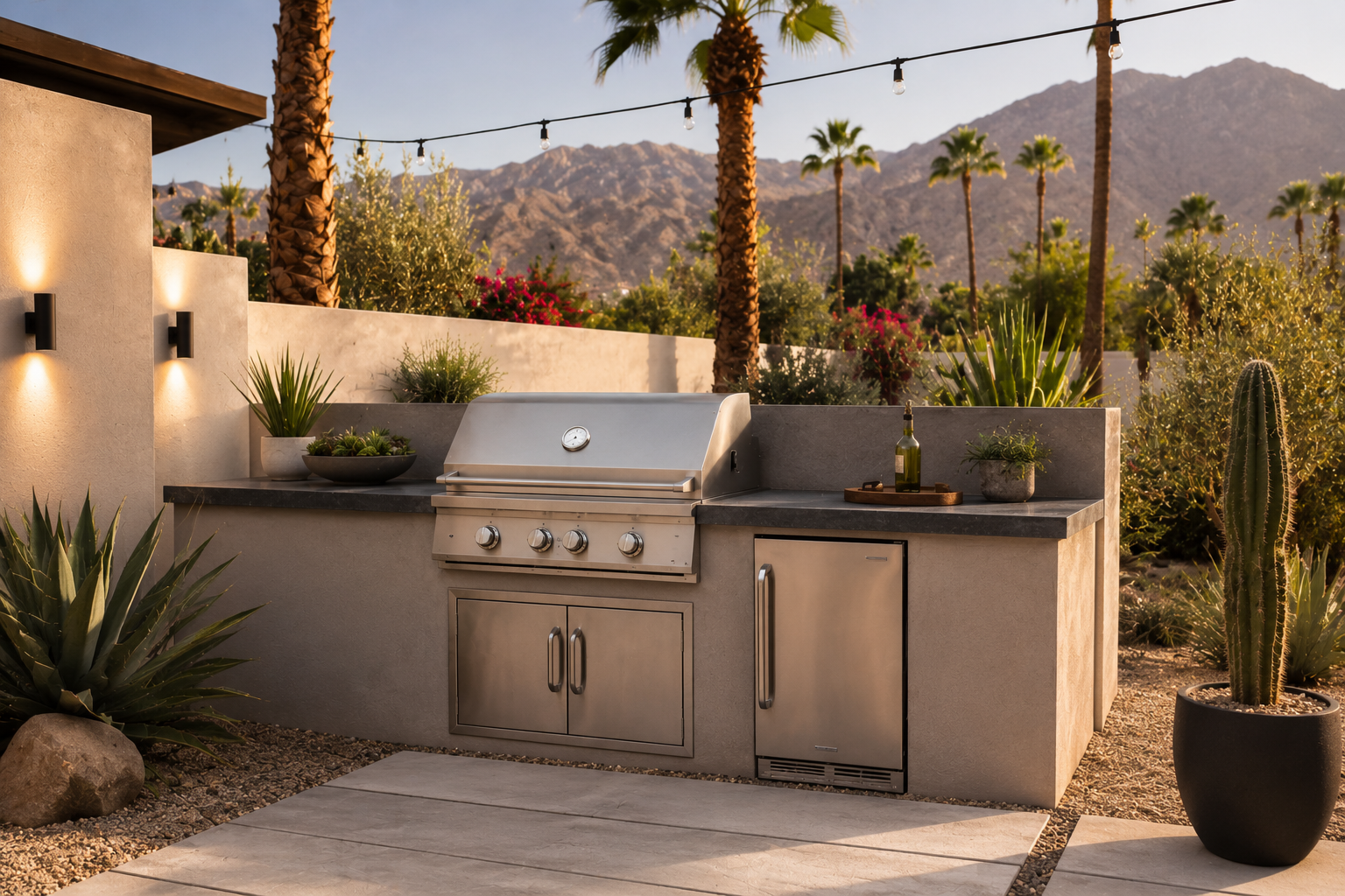 Outdoor kitchen with a stainless steel grill, surrounded by desert plants, including cacti, agave, and potted succulents, with string lights and mountain scenery in the background at sunset.
