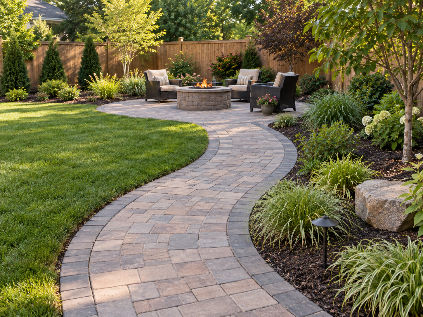 A backyard with a curving brick paver pathway leading to a patio area with a round fire pit surrounded by four chairs. The yard is enclosed by a wooden fence and is landscaped with trees, shrubs, and flowering plants, with lush green grass on one side.