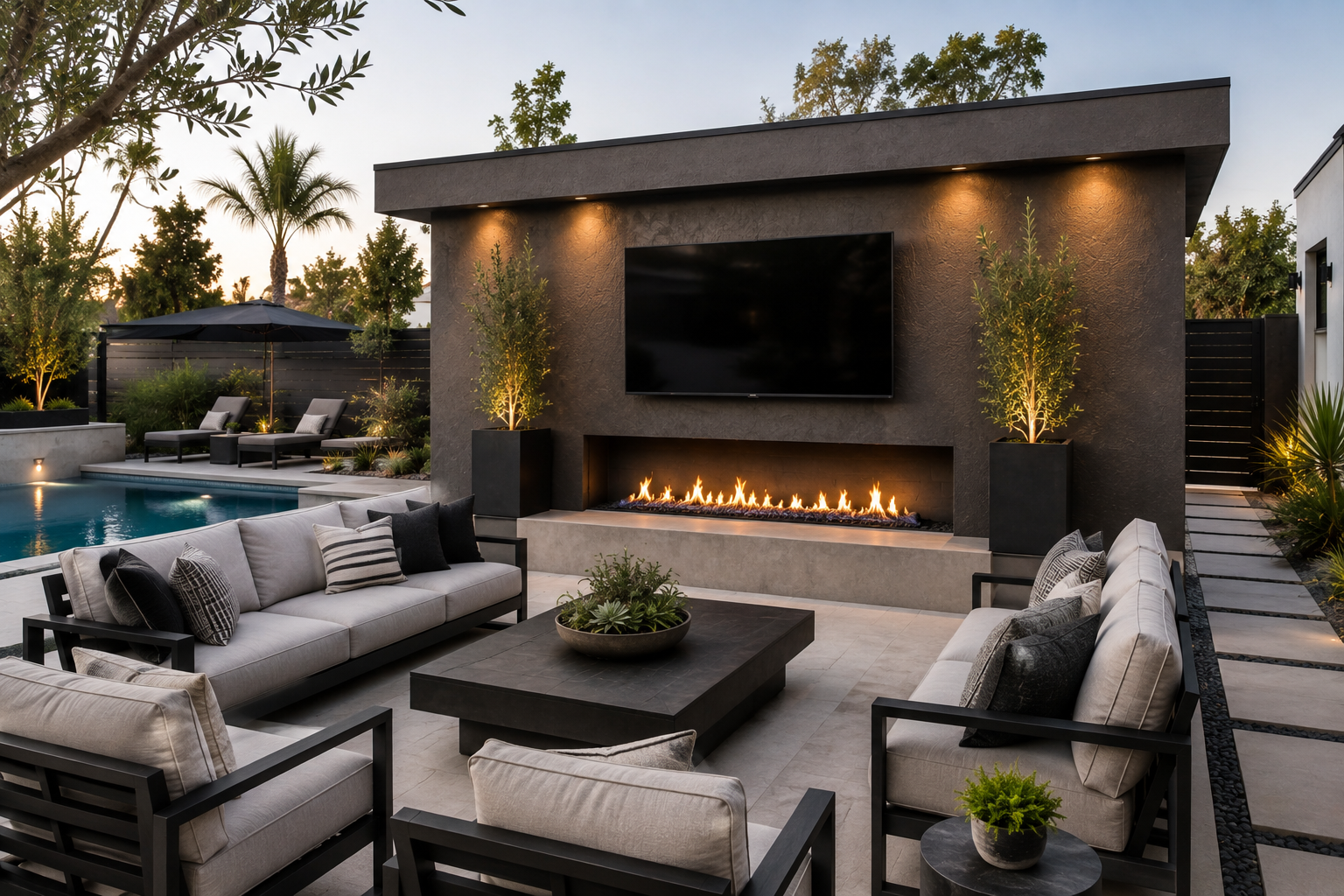 Modern outdoor patio with a fire pit, flat-screen TV, and outdoor furniture, including couches, chairs, and planters, next to a swimming pool at sunset.