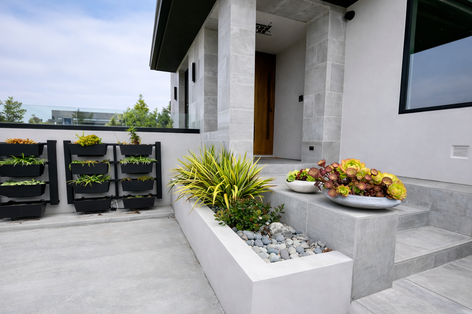 A modern house entrance with gray tiled steps, potted succulents on the side, and a planter with greenery and decorative rocks. Black wall-mounted planters filled with plants are on the wall to the left.