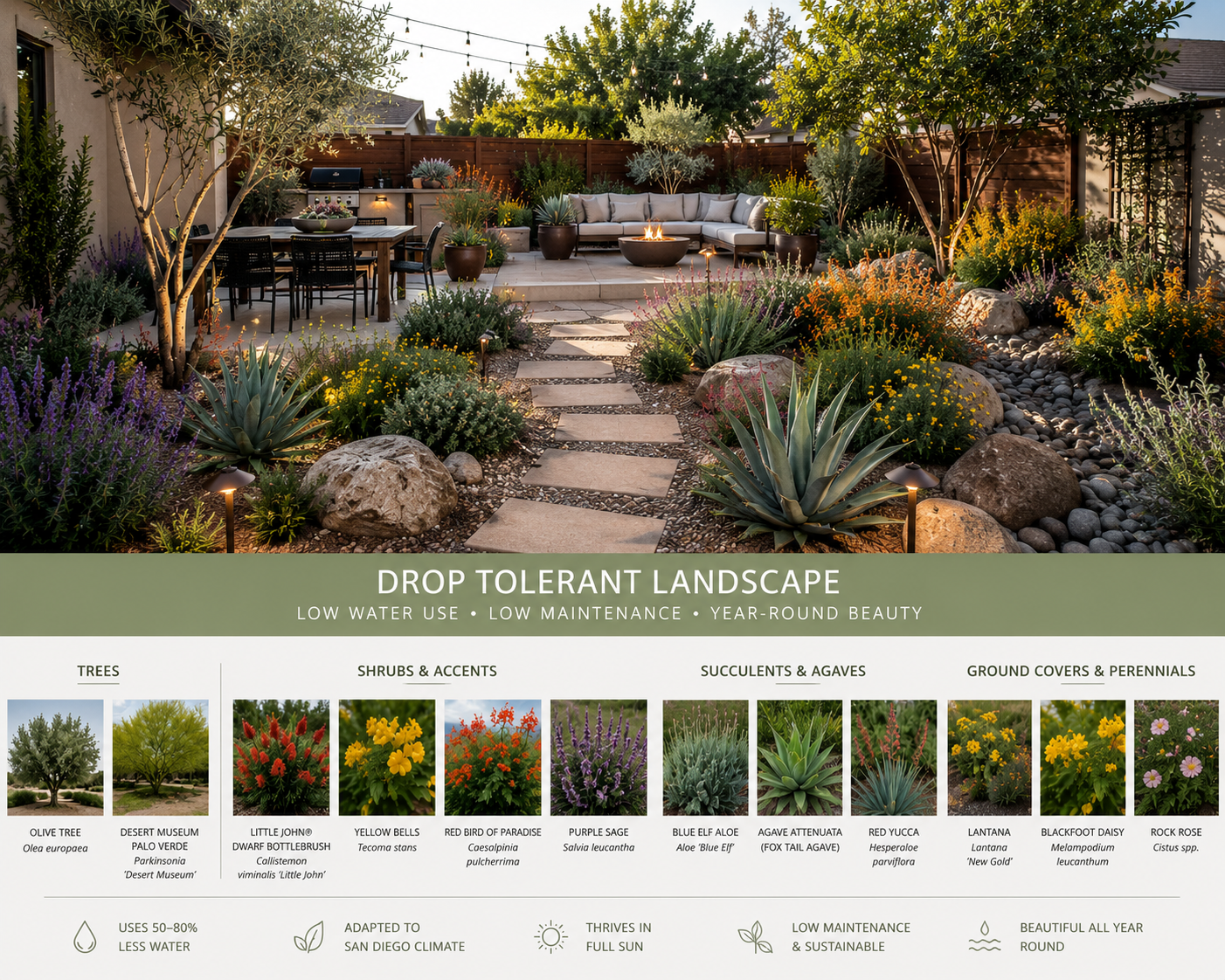 ABackyard landscape with fire pit and outdoor lighting