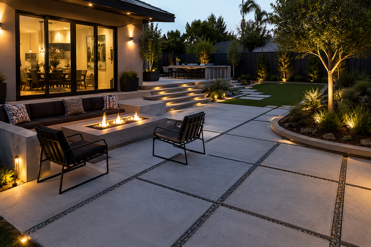 Modern backyard with outdoor seating, fire pit, and landscape lighting