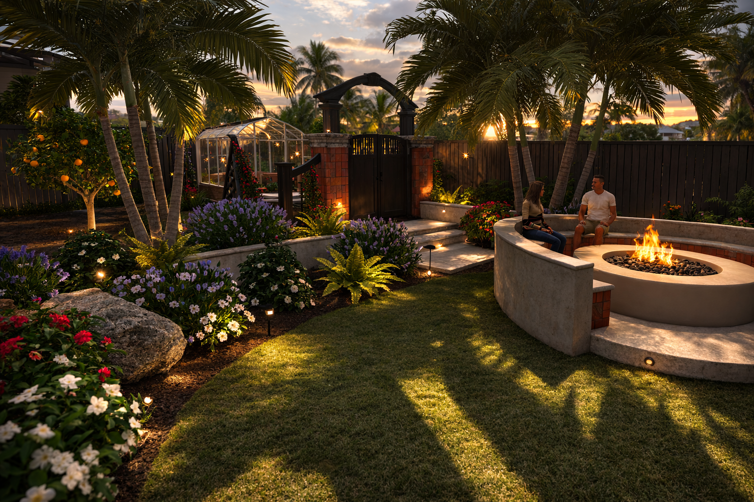 A backyard garden at sunset with flowers, palm trees, a fire pit with two people sitting around it, and a greenhouse in the background.