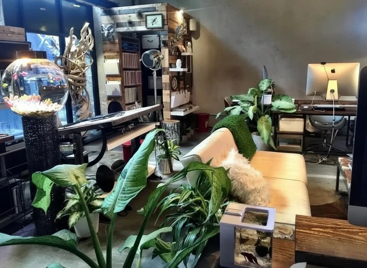 Cozy workspace with plants, a beige couch, a fishbowl, a computer, and bookshelves.