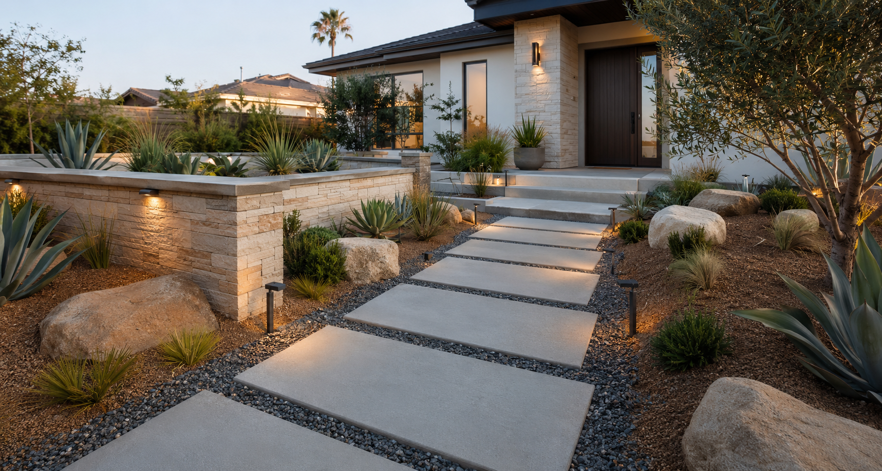 Modern house with stone accents, concrete walkway, desert landscape, and plants