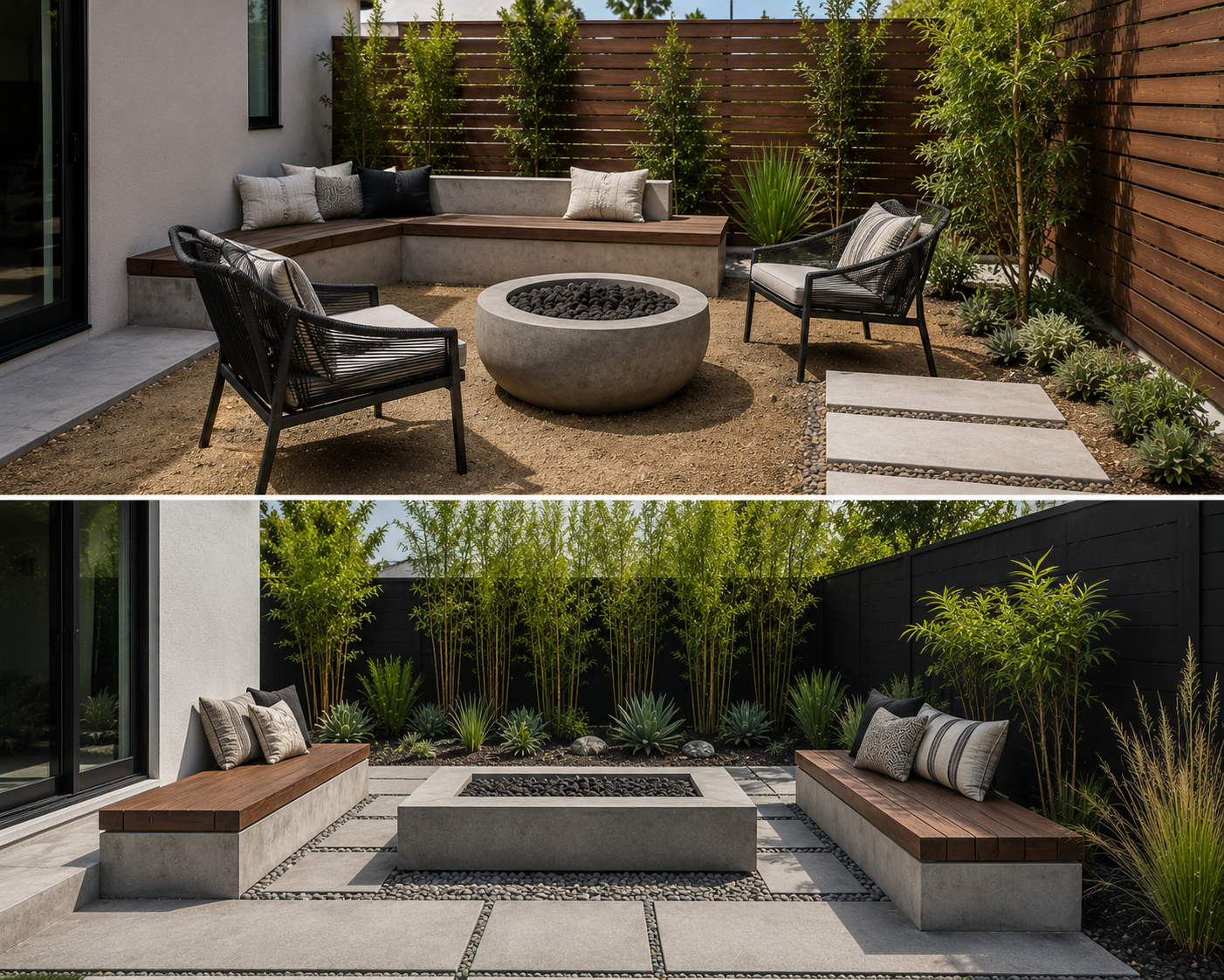 Two modern outdoor patios featuring built-in concrete seating with pillows, fire pits, and surrounding greenery, including bamboo and succulents, separated by a black wooden privacy fence and a gray concrete walkway.