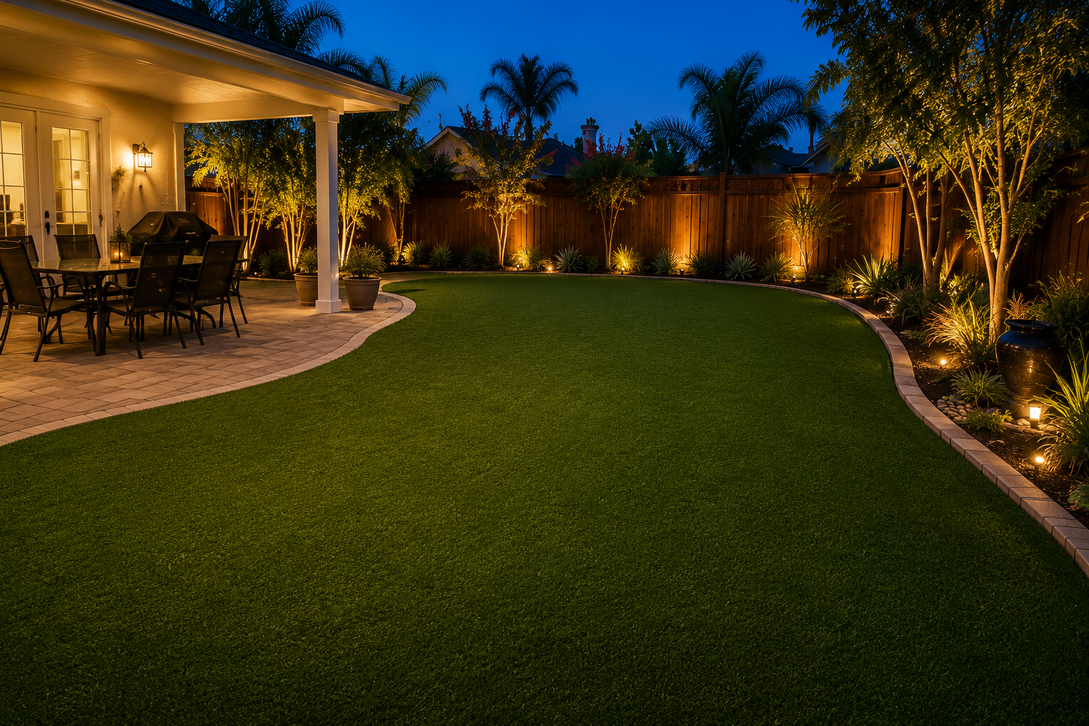 Backyard landscape illuminated at night featuring a patio area, green lawn, landscape lighting, and planted areas along a wooden fence.