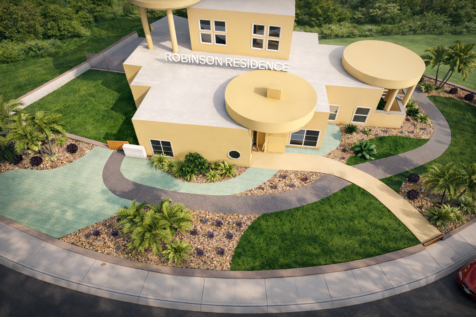 A modern residential building with curved architecture and yellow exterior, surrounded by landscaped greenery and a curved walkway.