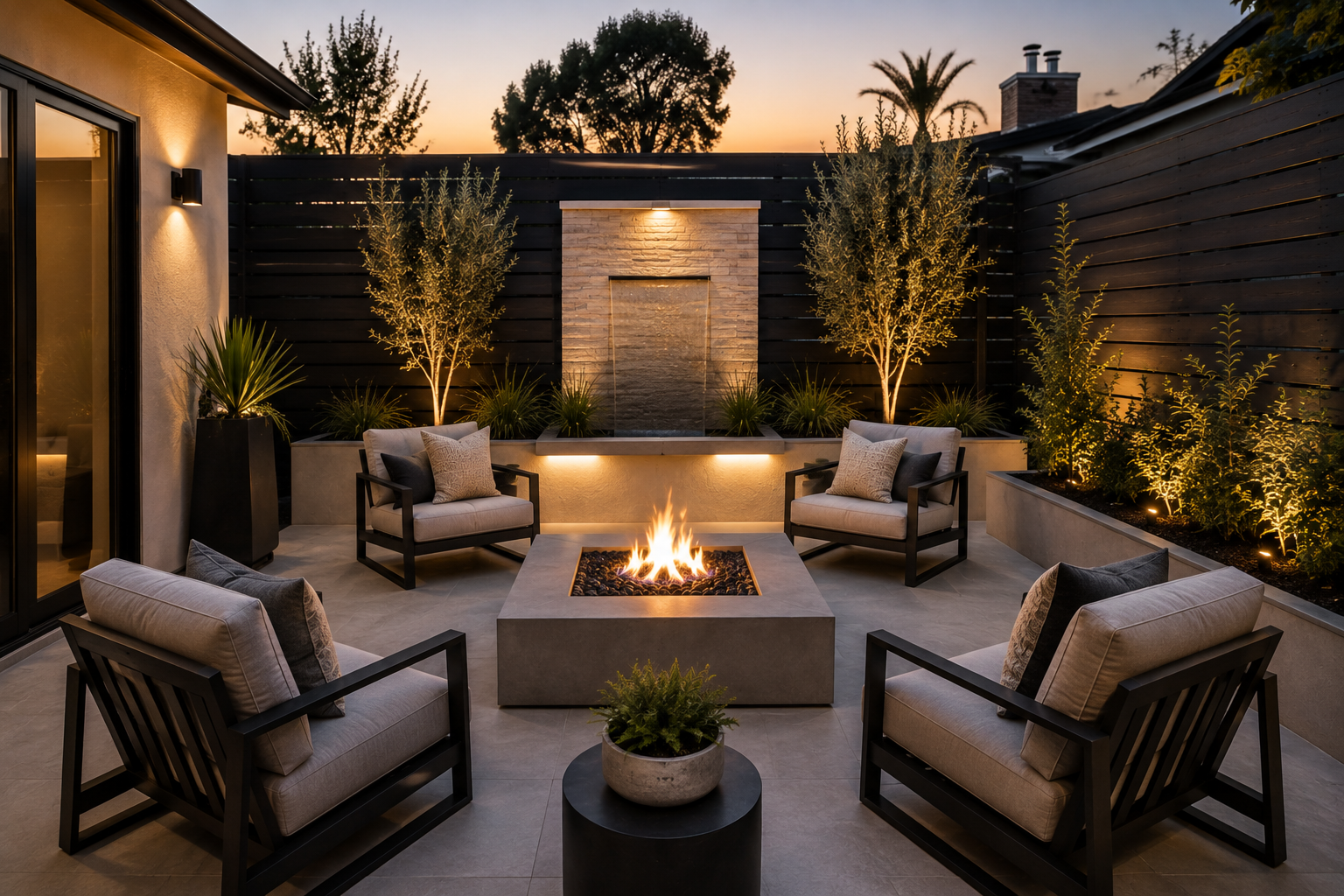 A modern outdoor patio at dusk with four cushioned chairs arranged around a rectangular fire pit, potted plants, a water feature, tall trees, and exterior lighting
