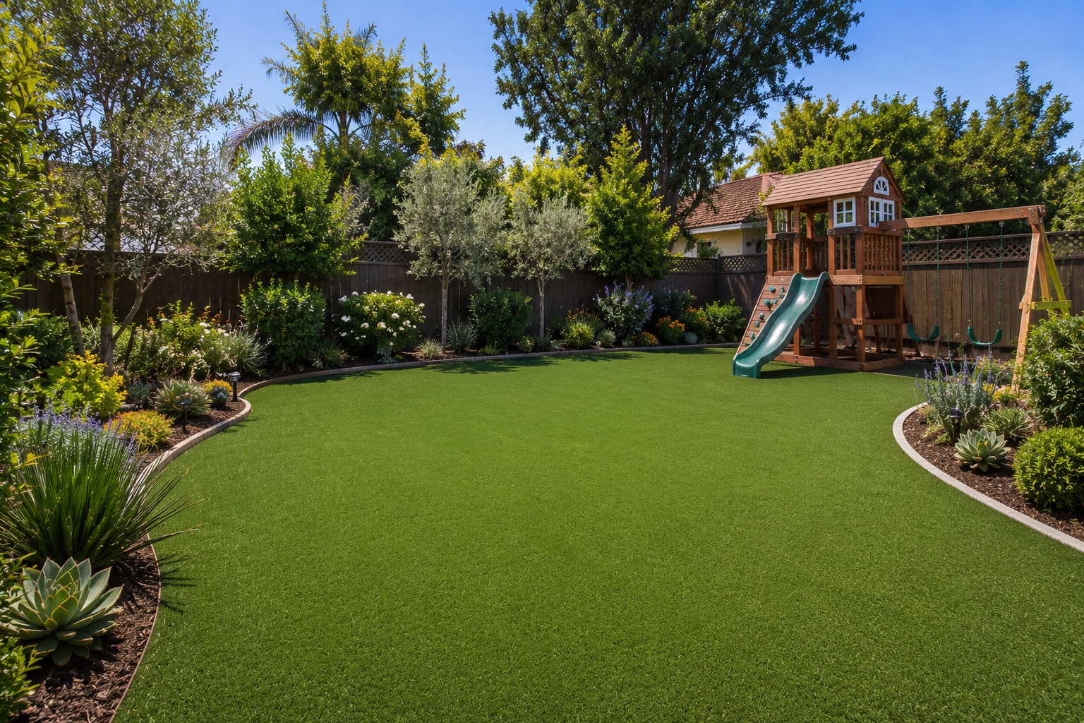 Backyard landscape featuring artificial turf, surrounding planting areas, wooden play structure, mature trees, and fencing creating a functional family outdoor space.