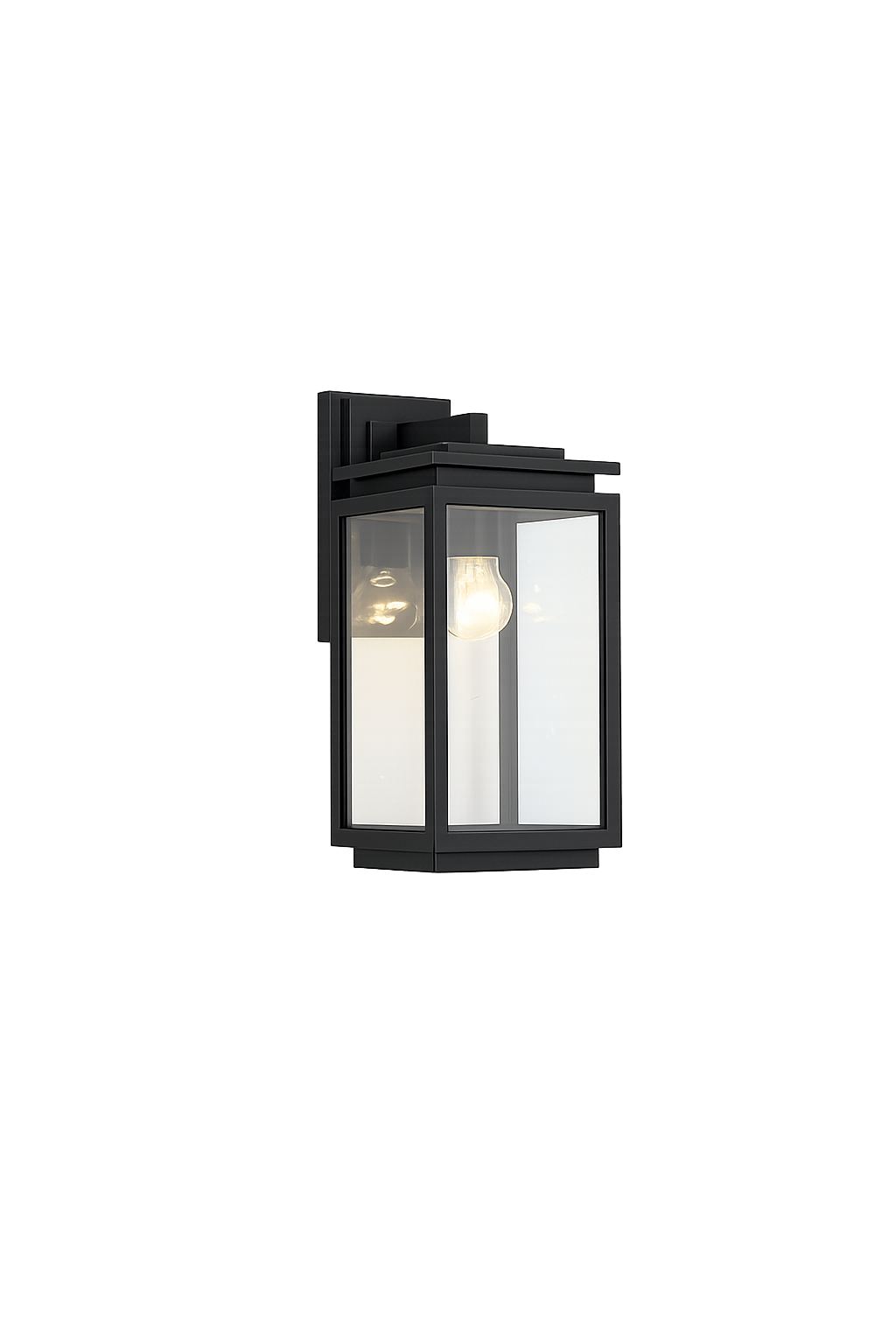 A modern wall-mounted outdoor lantern with a glass enclosure and light bulb inside, illuminated against a dark background with colorful light streaks.