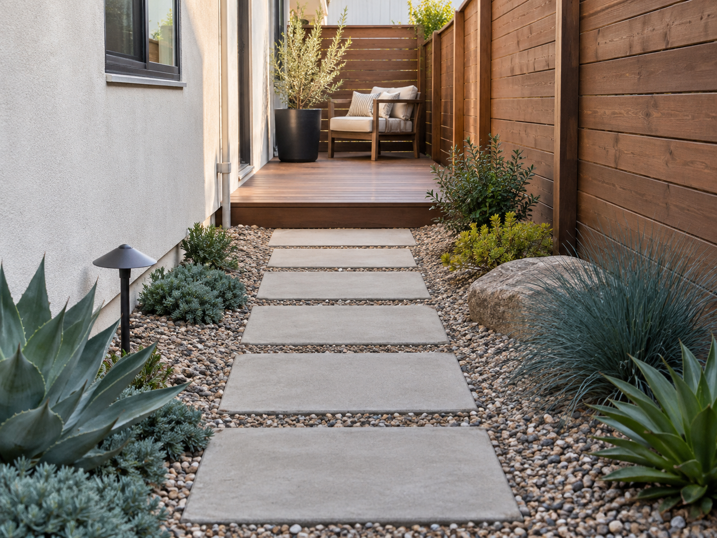 A narrow outdoor pathway with concrete stepping stones flanked by small rocks, leading to a wooden deck with outdoor seating and potted plants, enclosed by a wood fence.