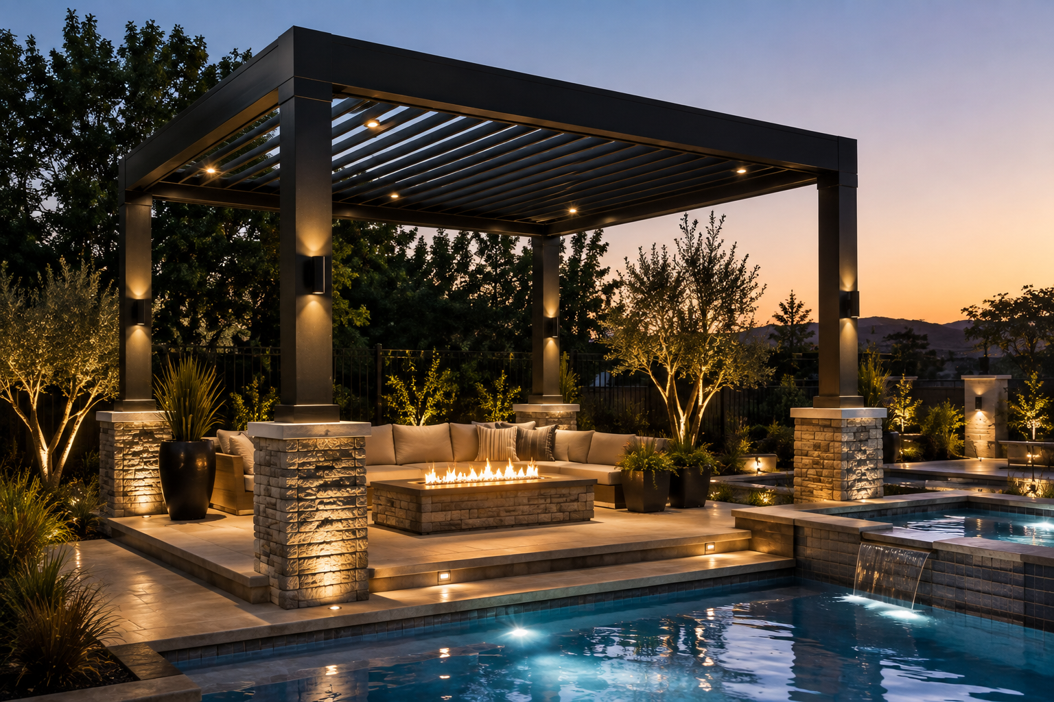 Luxury backyard patio with a fire pit, outdoor seating, and pool under a modern pergola at sunset.