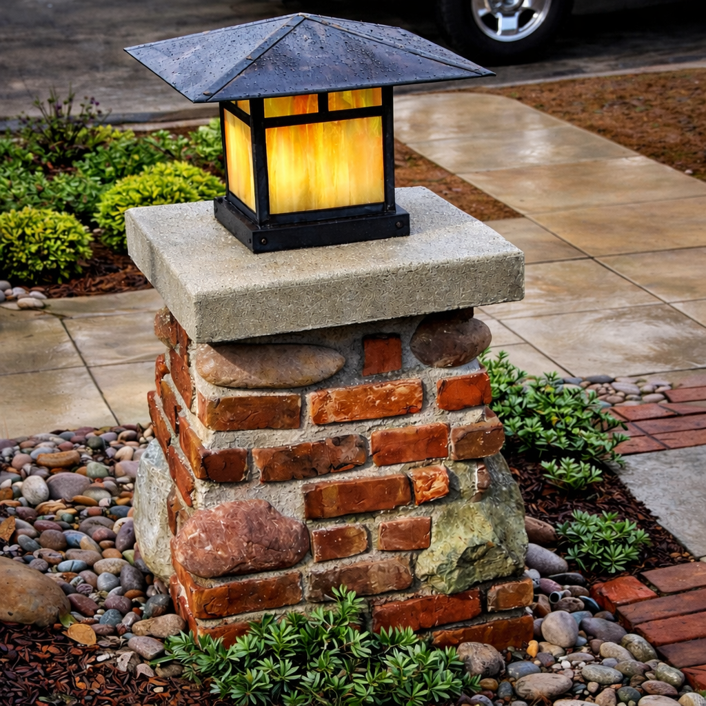 A decorative outdoor lantern with a warm yellow light, placed on a stone and brick pedestal, situated on a wet sidewalk with small green plants around it.
