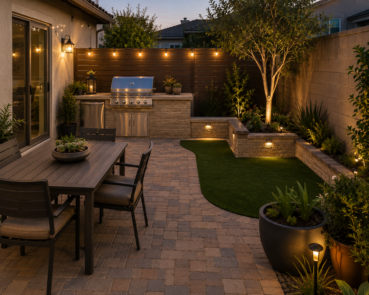 Backyard dining patio with outdoor kitchen and lighting