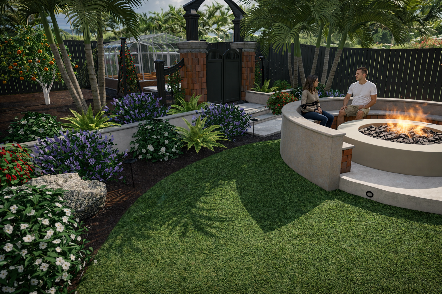 A backyard with a fire pit, two people sitting around it, surrounded by lush plants, flowers, palm trees, and a garden area with a greenhouse and fruit trees visible in the background.