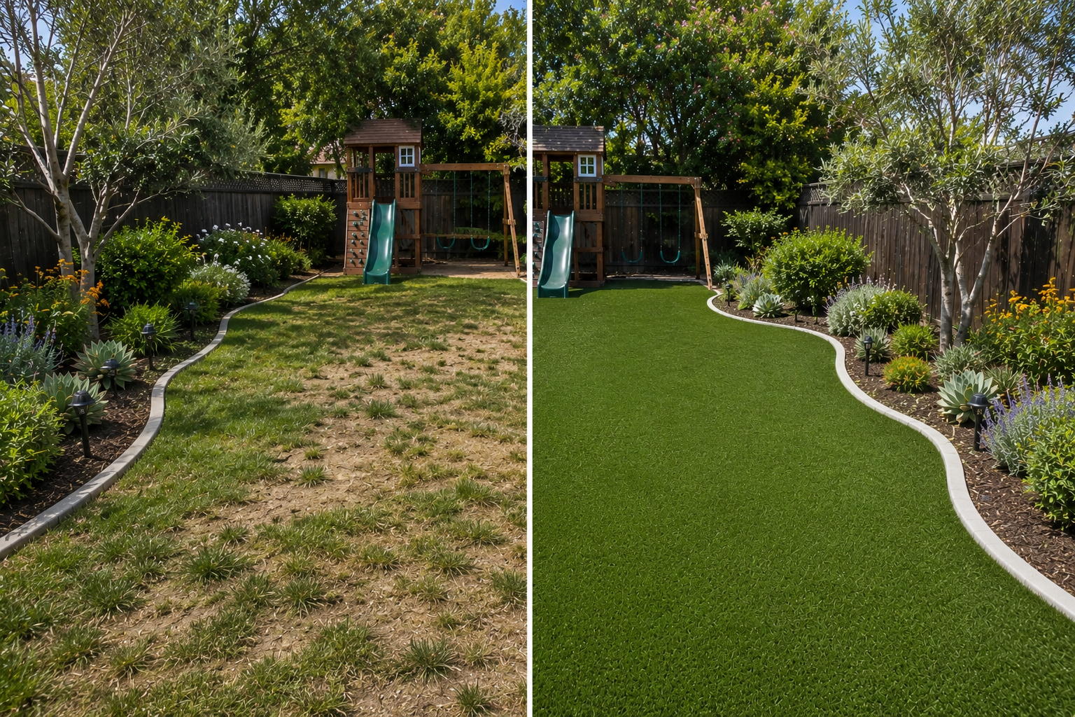 Before and after landscape renovation showing a transformation from a patchy lawn to artificial turf with curved borders, planting areas, and a backyard play space.