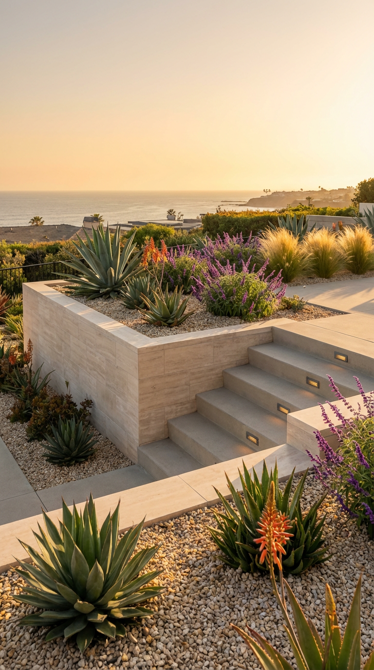 Custom build planter beds. Drop tolerant landscapes. Concrete steps with lighting.