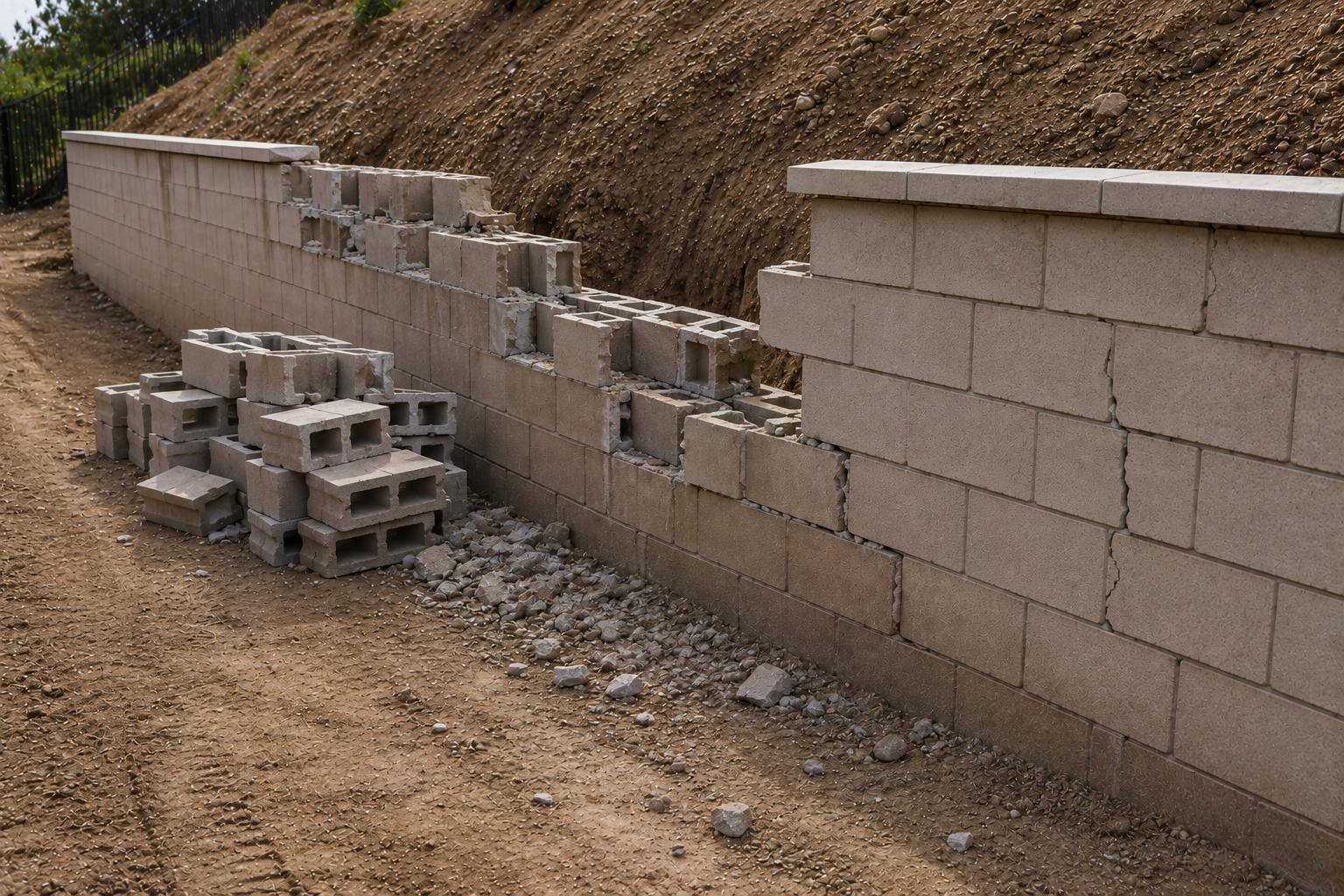 A partially built brick wall under construction with stacks of bricks on the ground, on a dirt pathway, with a dirt embankment in the background.